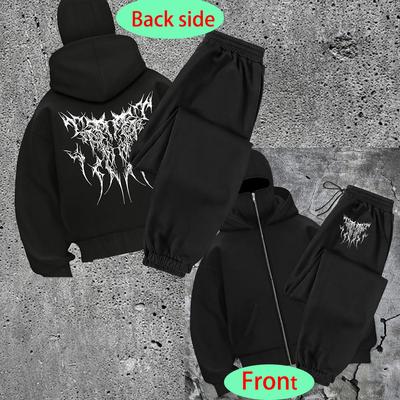 Men's Casual Double Hood, Balacl Zip-Up Sweatshirt and Jogger Set Streetwear Pants Creative Pattern Print
