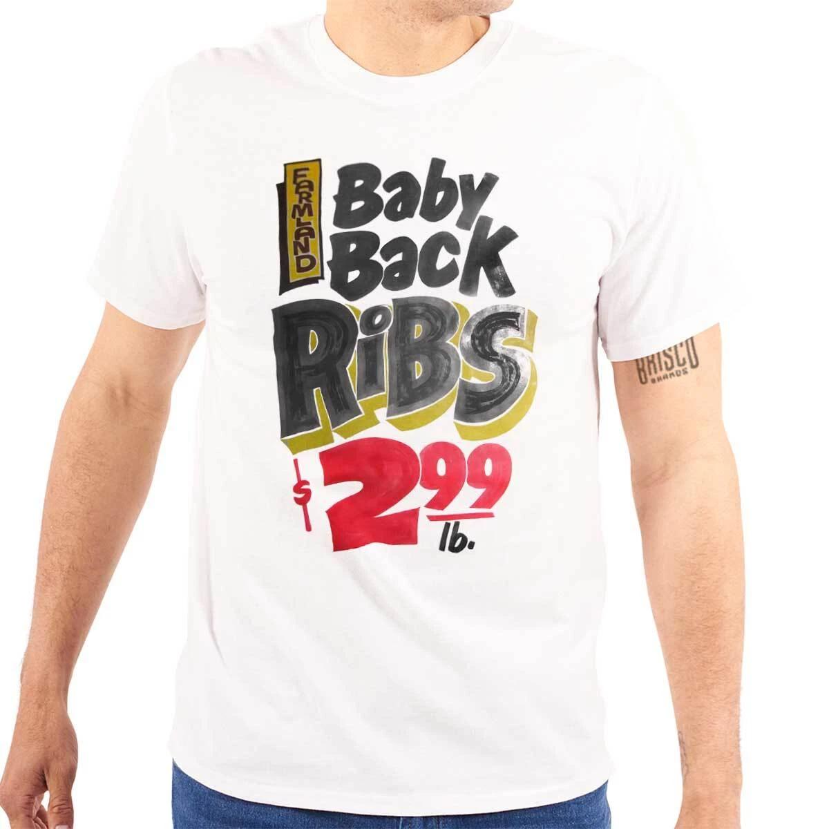

Retro Baby Back Ribs Supermarket Food Poster Womens or Mens Crewneck 100% Cotton T-shirt Mens Tees Top Tee L