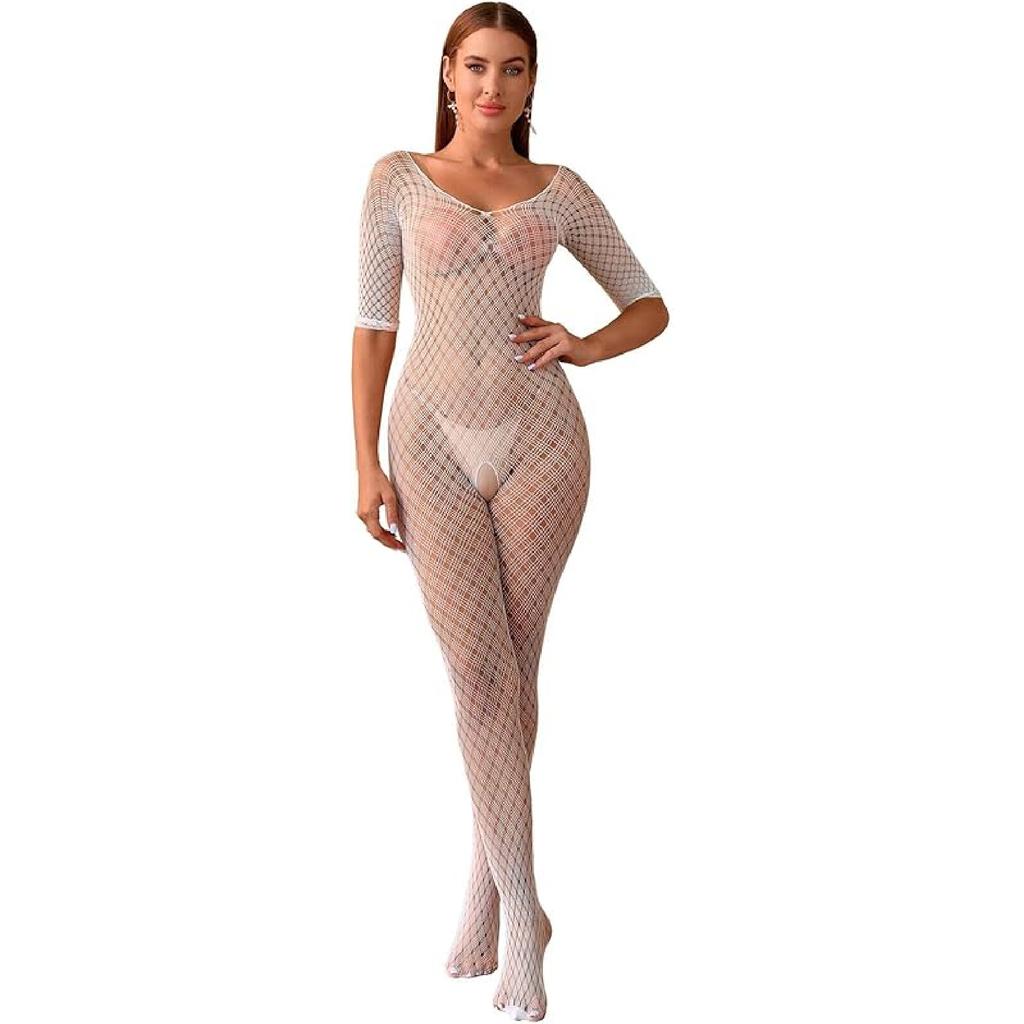 Women's Sexy Fishnet Stockings Underwear Hollow Out Pajamas Half Nude Back Skinny Hollow-out Shapewear Mesh Jumpsuit