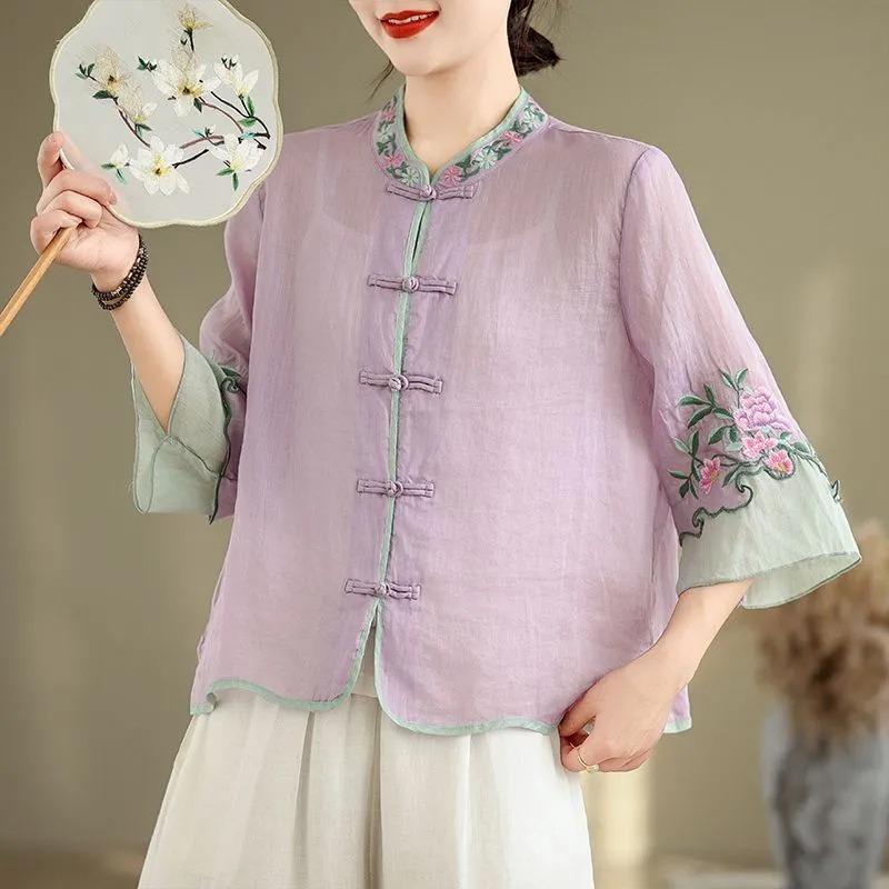 Women Chinese Style Flower Embroidery Vintage Button Shirt Stand Collar Loose  Linen Blouse Summer Elegant M фиолетовый