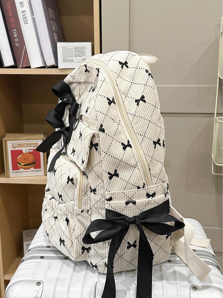 Bow Print Backpack for Junior/Senior High School, Versatile Casual Double-Compartment Student Bag