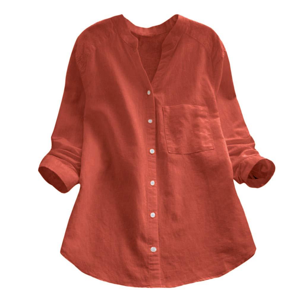 Women's Fashion Casual Vintage Cotton Linen Blouse Loose Color Long Sleeve Blouse Tops