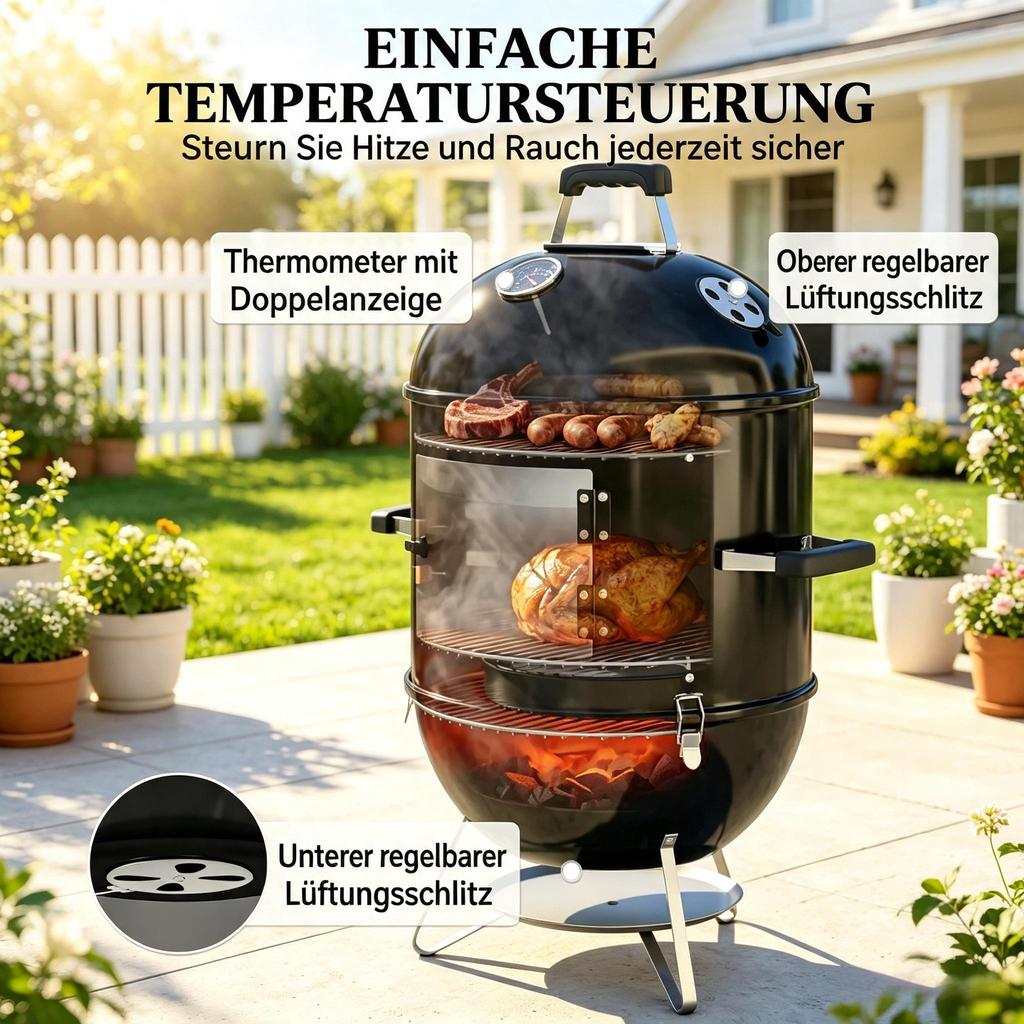 3-in-1 Smoking Chamber with 3 Cooking Grates, Integrated Thermometer and Adjustable Ventilation