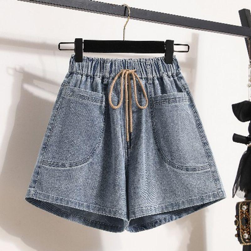 

Женская одежда больших размеров Полная девушка Европейский и американский Амой Эластичная высокая талия На шнуровке Свободные А-силуэта Трикотажные шорты Хот-пэнтс L-5XL Blue 4XL