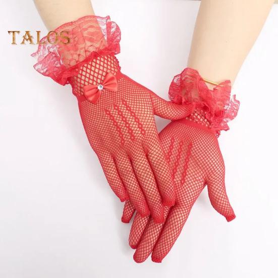 1 par ballhansker for kvinner Gjennomsiktig blonderbue Faux Pearl Dekor Hollow Out Fishnet volangkant Tynn Helfinger Forestillinger Brude Bryllupshansker