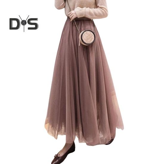 Women Midi Skirt Elastic High Waist Long Skirt with Solid Mesh Hem Solid Color A-Line Skirt Daily Wear