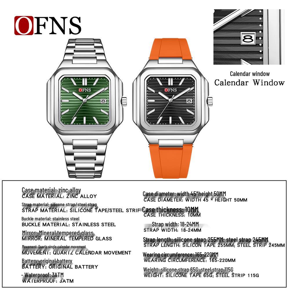 OFNS Luminous Square Steel Band Quartz Watch with Calendar