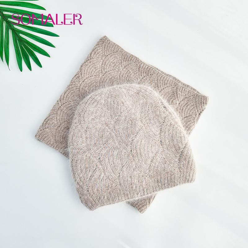 SOMALER Women's Winter Warm Fluffy Angora Hat Scarf Set Warm Angora Wool Knit Beanie  Neck Warmer 2 in 1 Gift Set