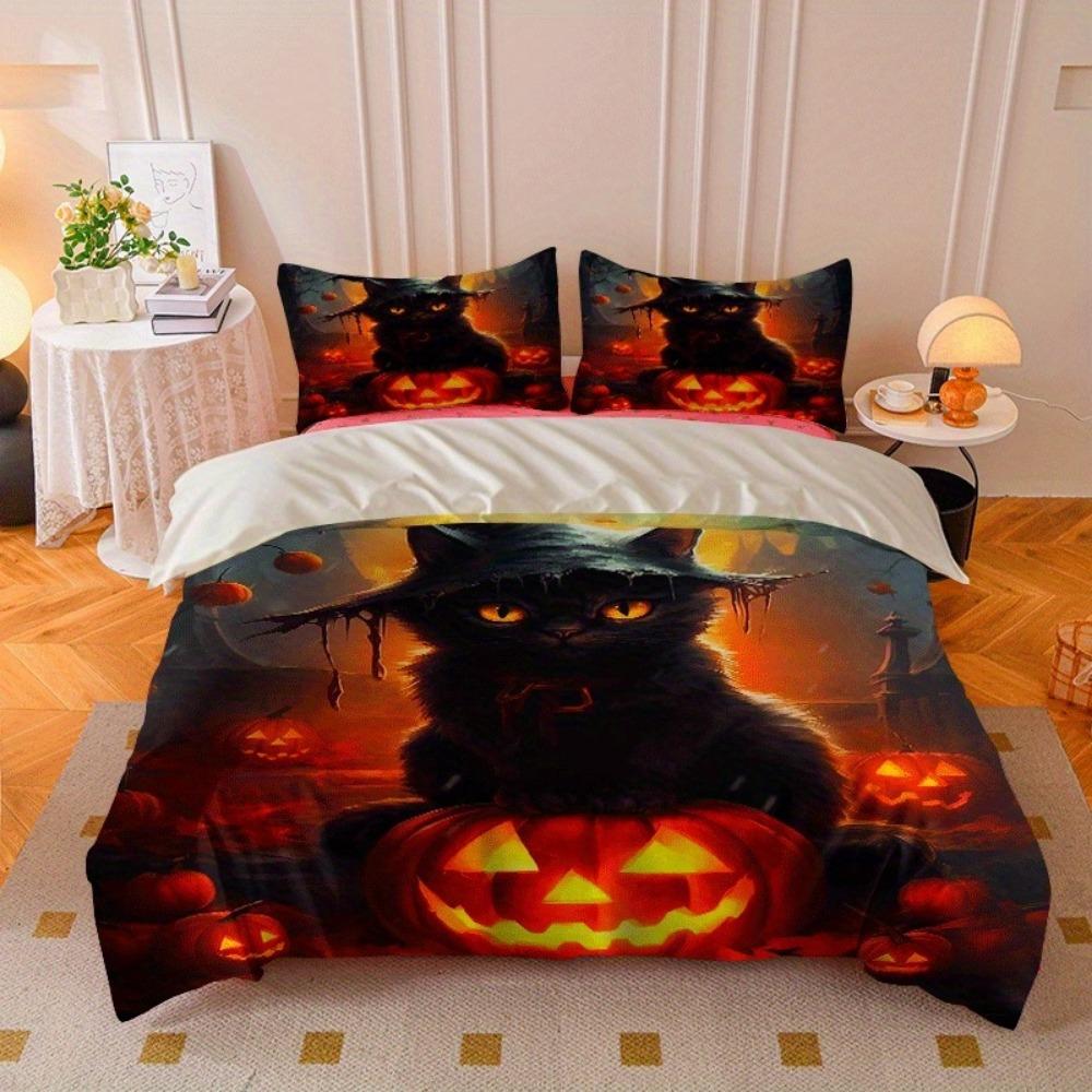 

Halloween Bedding Set Black Cat Pumpkin 3D Printed Cozy Duvet Cover Set King Queen Twin Single Size Birthday Gift Bedroom Decor EU Single 135x200cm