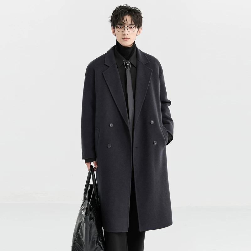 

Men s Black Double-Breasted Wool Trench Coat for Autumn/Winter 3XL темно-сірий