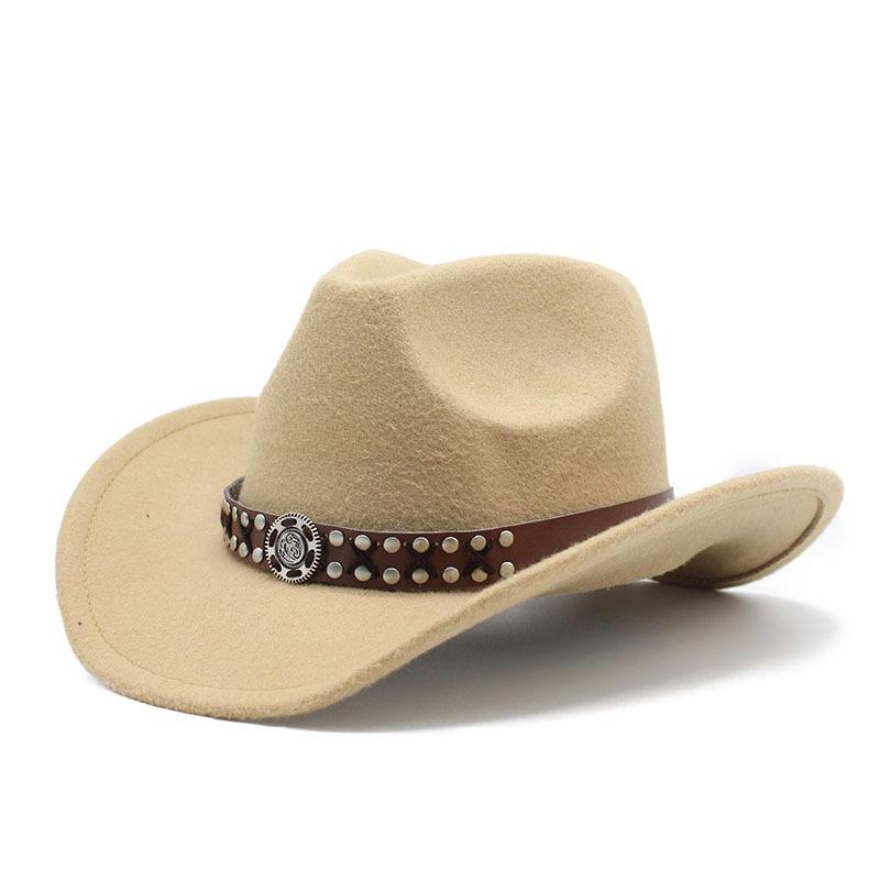High-End Metal Belt Brown Western Cowboy Hat Woolen Felt Hat Men'S And Women'S Top Hat Outdoor Riding