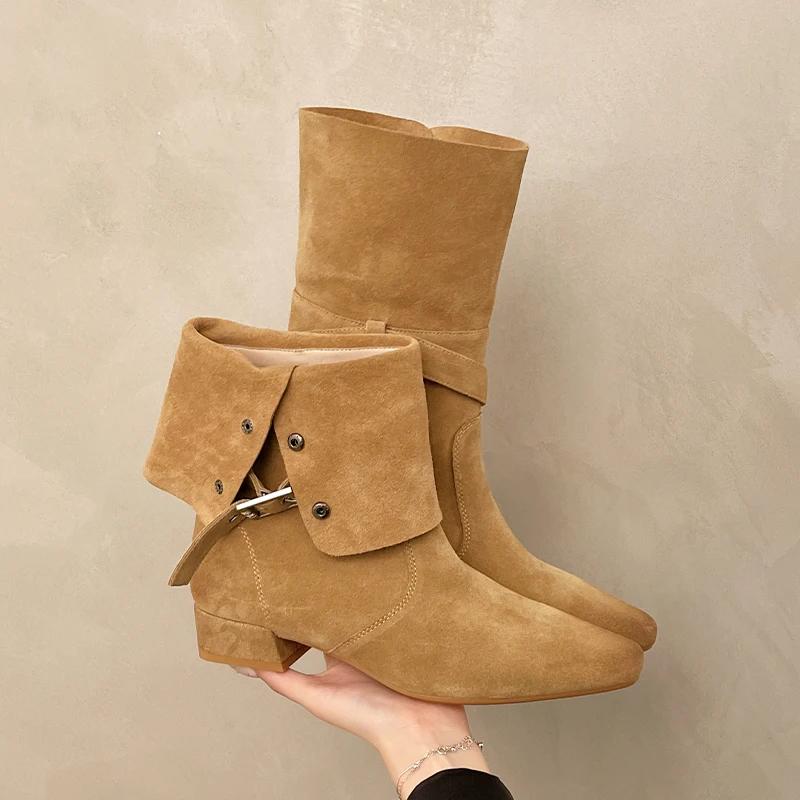 

Модные женские ботинки до середины икры на высоком каблуке, замшевая обувь, ботинки челси, зима 2025, дизайнерские, новая обувь с квадратным носком, модные туфли-лодочки, женские ботинки 42 хаки