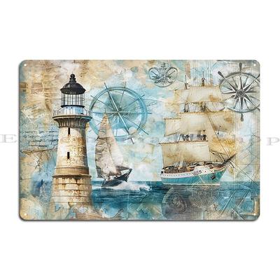 Vintage Nautische Kunst mit Leuchtturm, Segelschiffen und Marinekompassen Metallschild Design Druck Klassisches Blechschild Poster