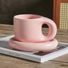1Set 350ml Ceramic Coffee Chubby Mug Saucer Set Creative Cute Fat Handle Cup with Saucer for Office and Home Room Decor
