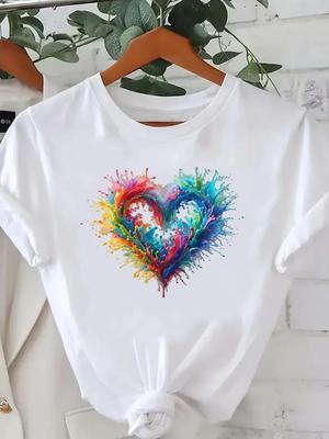 (Asian Size) Love Heart Style T Shirt Tee Top Clothing Fashion Women Casual Printed Lady Female Graphic Short Sleeve T-shirts