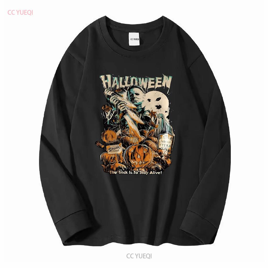 The Trick Is To Stay Alive T Shirt Halloween Horror Movie Vintage Washed Stylish Versatile Designer Clothes Soft Comfortable