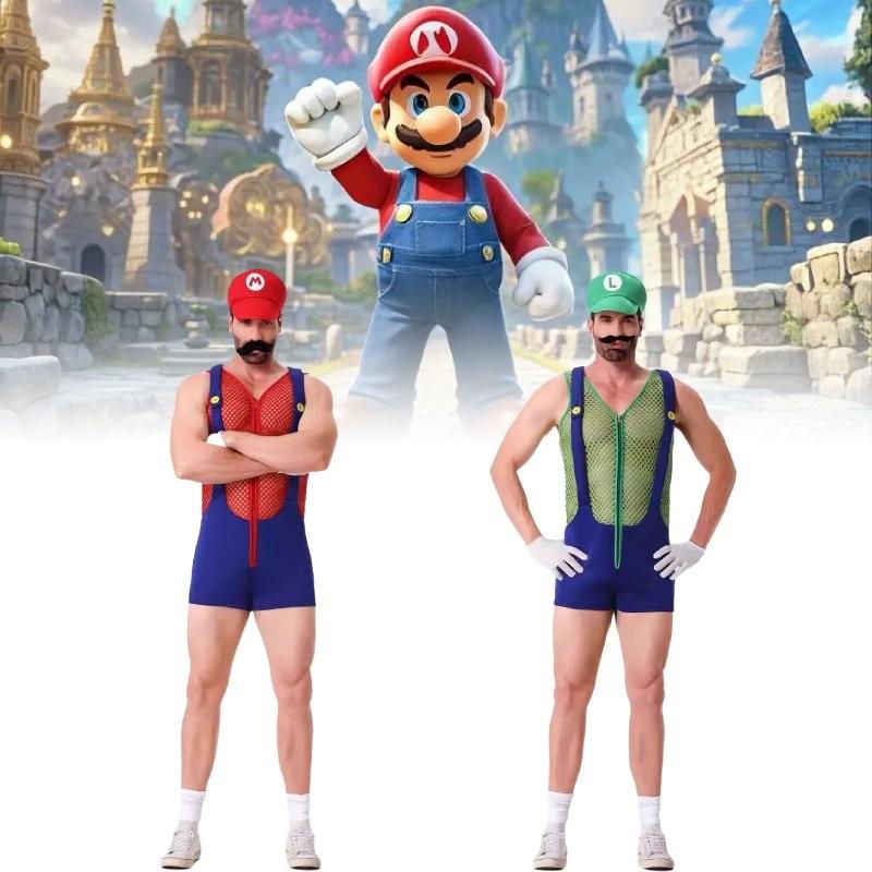 Conjunto de Disfraz de Mario Único Con Sombrero, Guantes, Bigote y Tirantes Para Adultos