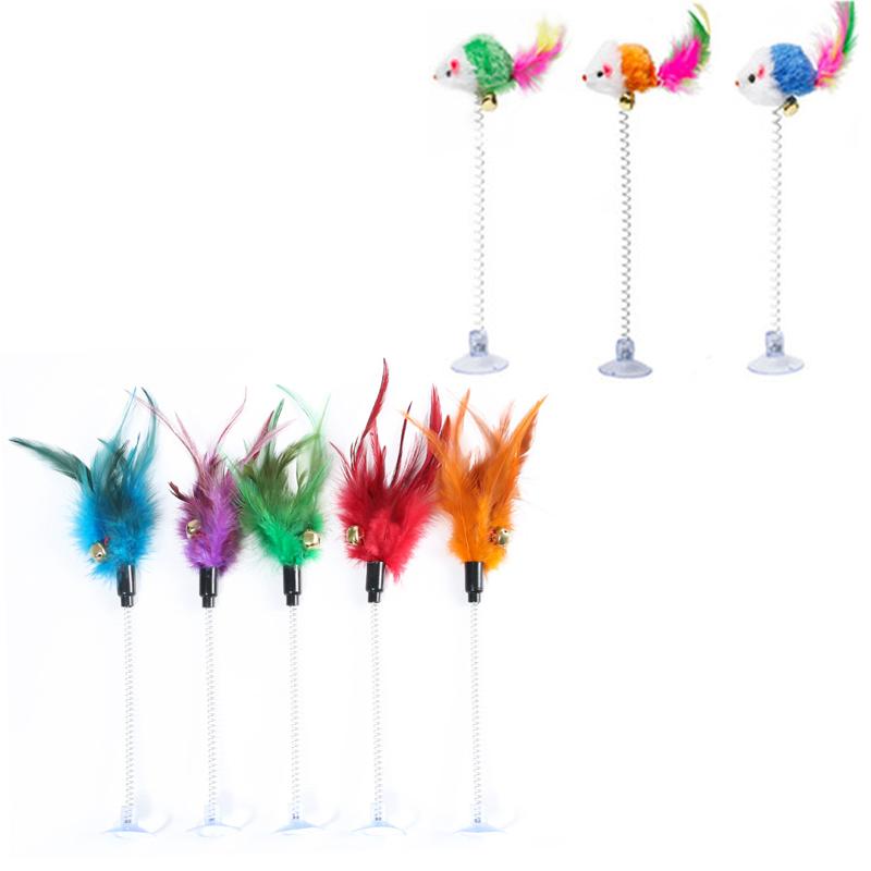 Cat Teaser Wand With Bell Feather Spring Mouse Toy Suction Cup Self Play Interactive Pet Toy For Kitten Anti Boredom Molar Chew