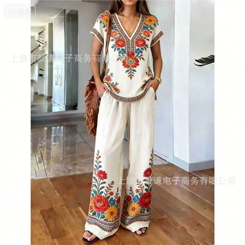 Y116 Summer Loose Top Wide-leg Pants Two-piece Women's Clothing European and American Fashion Suit