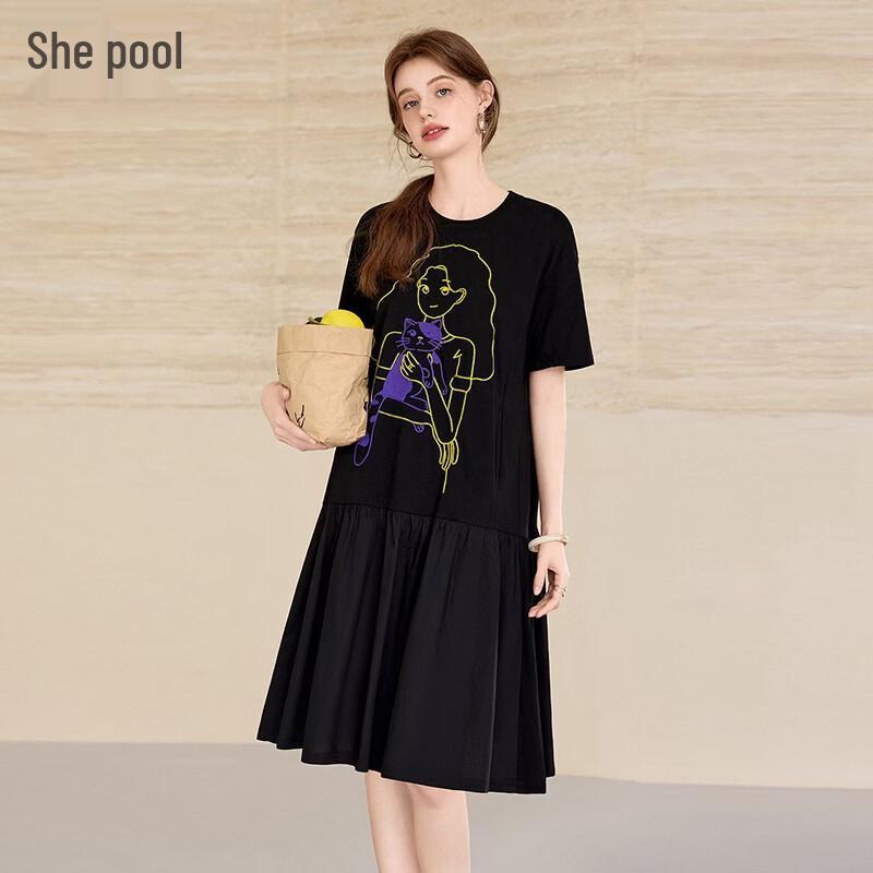 Women s Round Neck Embroidered T-Shirt Dress L чёрный