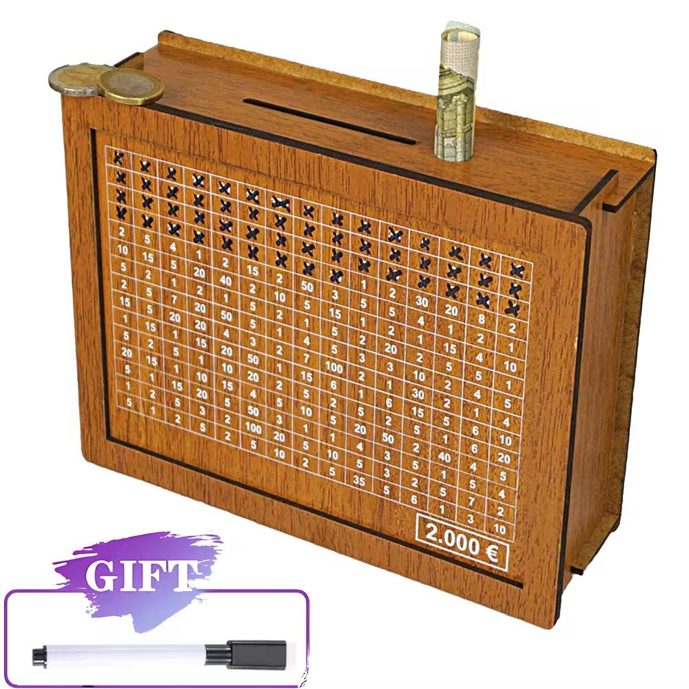 Pușculiță din lemn Cutie de bani reutilizabilă realizată manual, Pușculiță cu obiectiv de economisire și numere de verificat ajută la obiceiul de a economisi