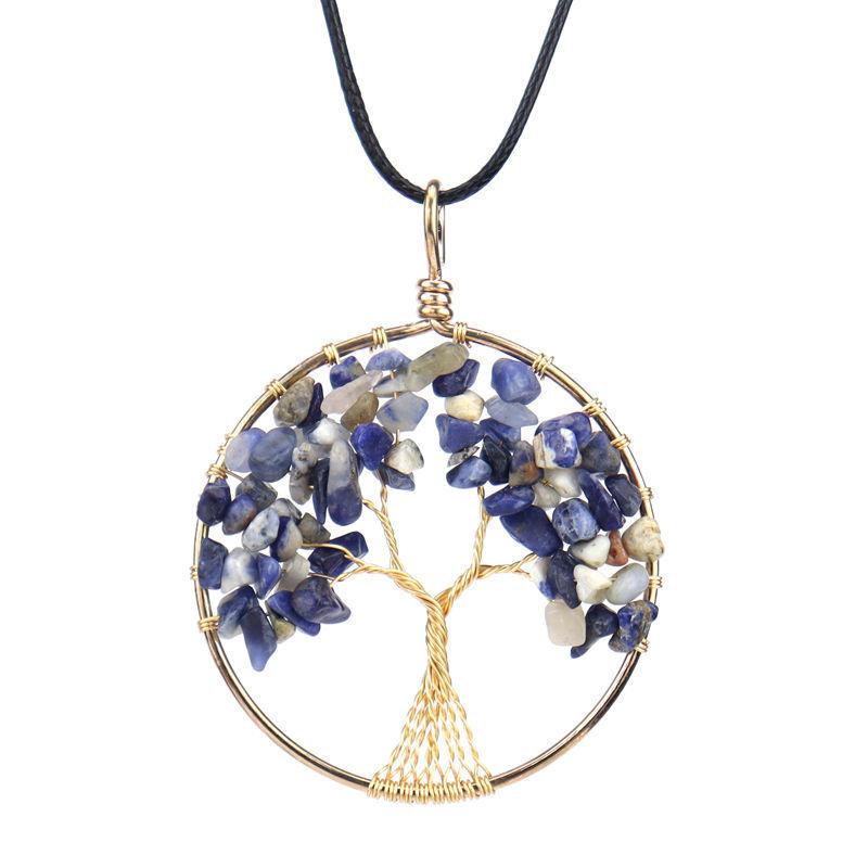 Color-Preserving Gold Hand-Wrapped Natural Crystal Gravel Tree Of Life Necklace Fortune Tree Necklace N47