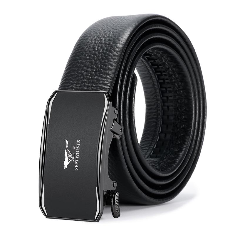 Seven Wolves Men s Leather Belt: Automatic Buckle, Top Layer Cowhide for Business & Casual Wear. 130 cm чёрный