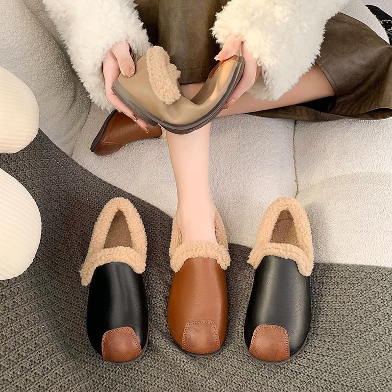 Retro Weichsohlige Beanie Schuhe Damen Herbst Und Winter Britischer Stil Ein-Pedal Loafer Warme Lässige Kleine Lederschuhe
