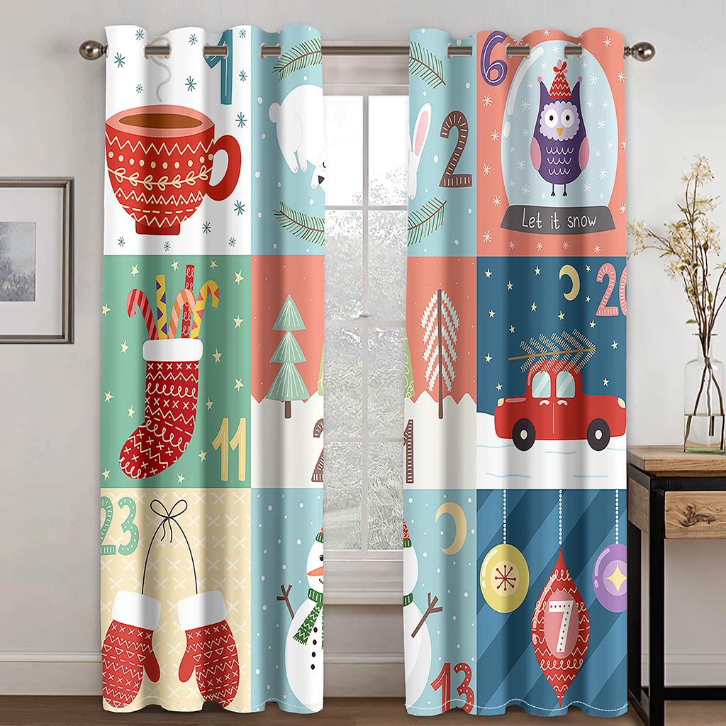 Cartoon Large Image Santa Claus Kawaii Curtain Decoration Christmas Festive Atmosphere Curtain Elk Christmas Tree Pattern