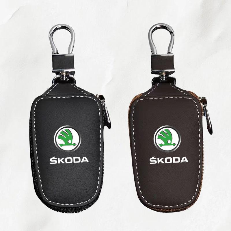 KITD7 Leather Car Remote Key Case Full Cover Protector Holder Shell Fob For Skoda Superb A7 Kodiaq Octavia A7 A8 Keychain Accessories