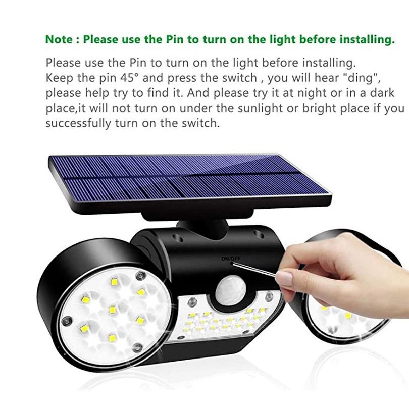 30 LED Solar Street Light Outdoor Wall Lamp with Dual Head Spotlights  Waterproof 360°Adjustable for Solar Motion Sensor Lights