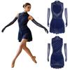 Ladies Lyrical Dancewear Sleeveless Backless Rhinestone Dress with Opera Length Mesh Gloves Crew Neck for Competition Recital