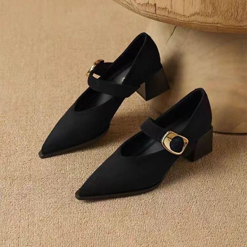 2026 New Autumn Deer Hide Velvet Mary Jane Shoes  French Retro Pointed-toe Shallow Toe High-heeled Single Shoes with Belt Buckle