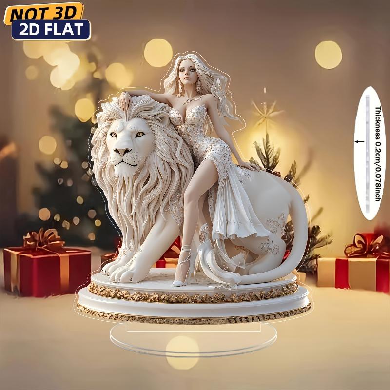 2D Flat Lion Statue Acrylic Desktop Decoration, White Lion & Woman Design, Home Decor Plaque Hanging Wall Art Decorative Garden Decoration for Room Do