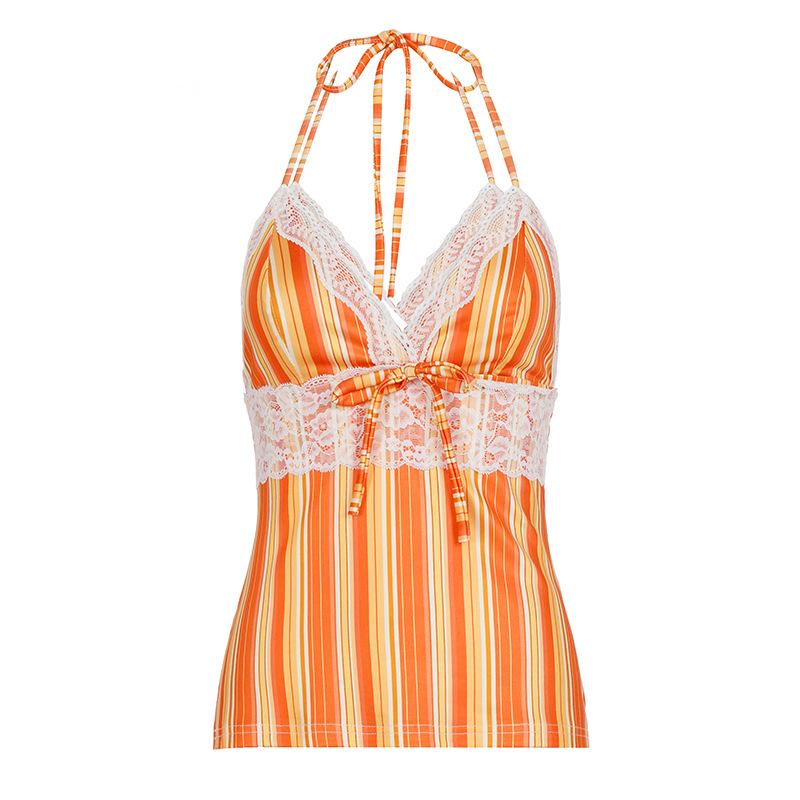 European-American Style Orange Lace Patchwork Halter Slimming Camisole S