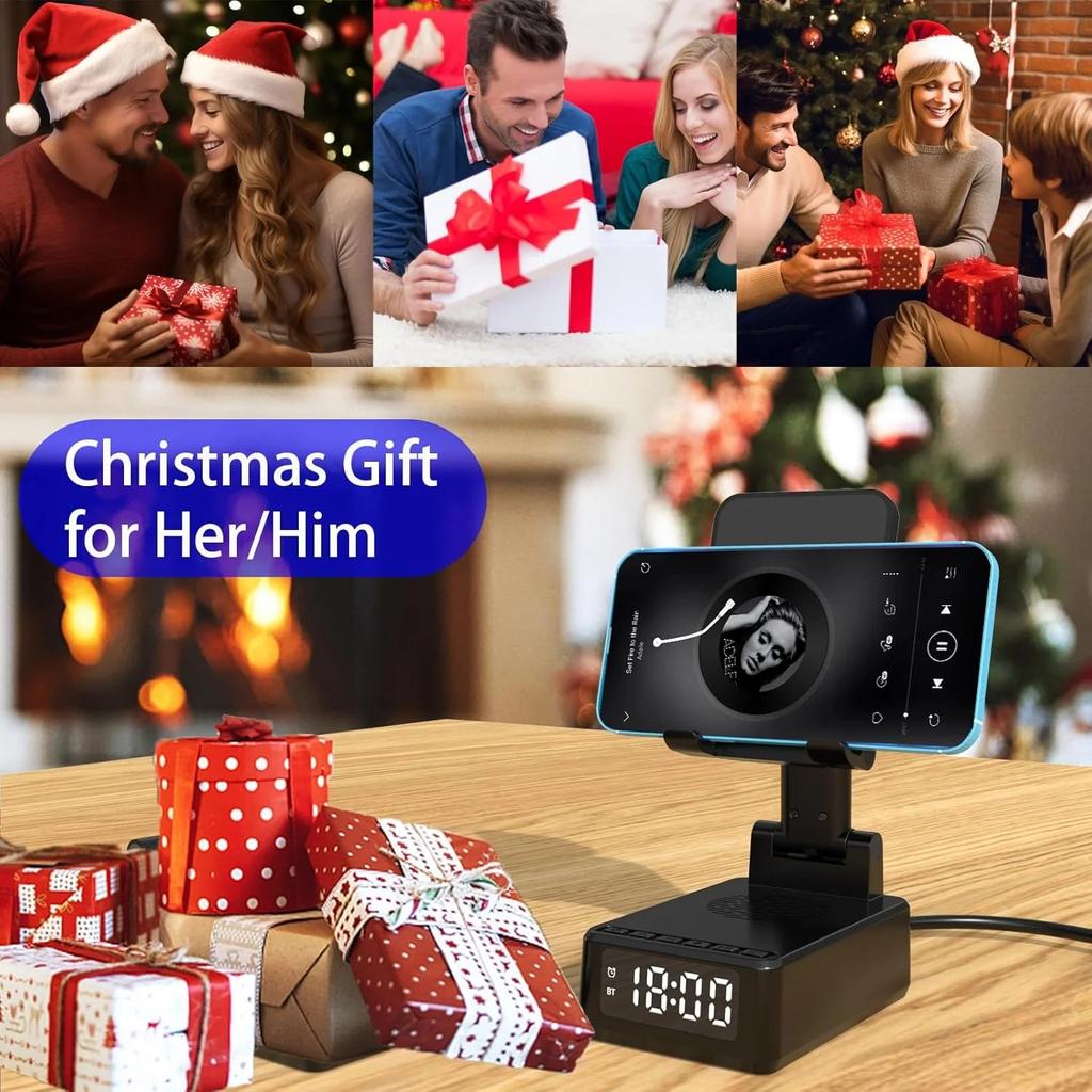 15 W Faltbares kabelloses Ladegerät LED-Zeitanzeige Wecker Telefonständer Bluetooth-Lautsprecher für iPhone 15/14/13Pro