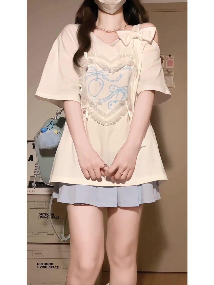 Chic One-Shoulder Lace Bow Cotton T-Shirt - Summer Short-Sleeve Loose Fit
