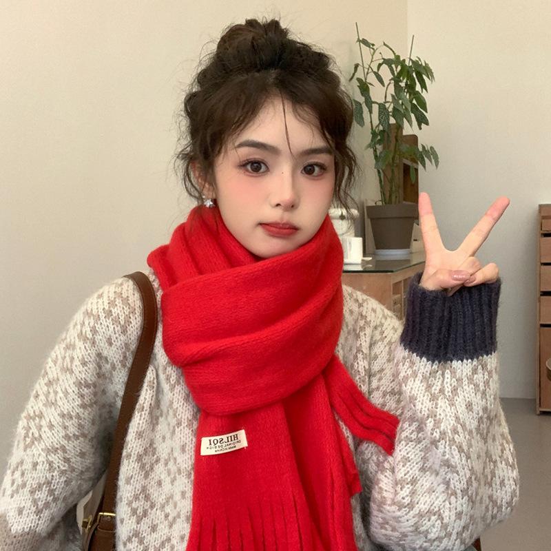 Solid Color Tassel Soft Waxy Plush Scarf for Women Autumn and Winter Plus Velvet Thickening Korean Style Versatile Couple Student Warm Scarf