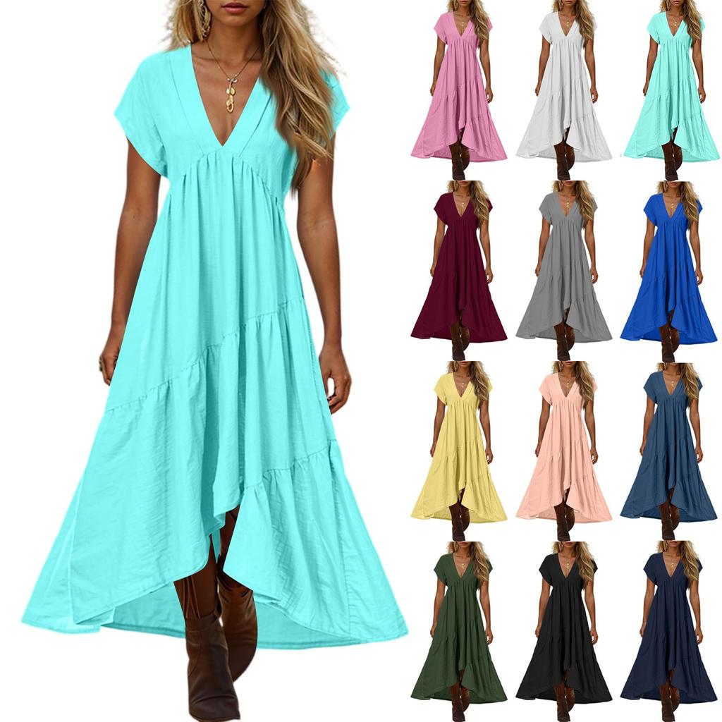 Women's Casual And Fashionable V-neck  Short Sleeve Mid Length Dress