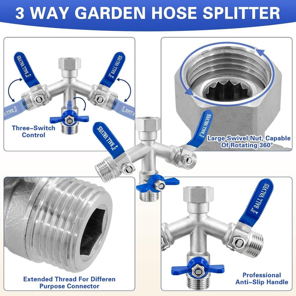 Heavy Duty 304 Stainless Steel Hose Splitter with Shut-off Valves,Full Flow Garden Water Hose Bib Spigot Splitter,3/4'' Thread Outdoor Faucet Splitter