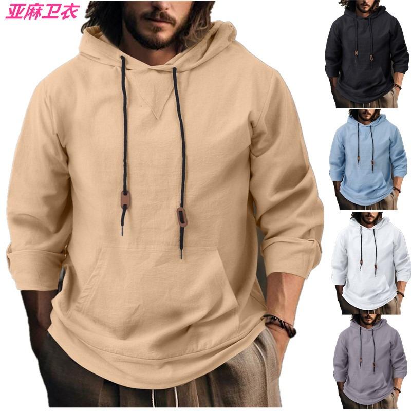 Men S Linen Cotton Blend Hooded Sweatshirt Loose Fit Casual Autumn Top