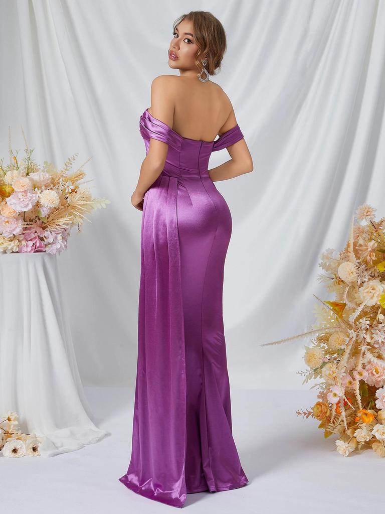 Evropské a americké luxusní fialové saténové večerní šaty s jedním ramenem a rybím ocasem