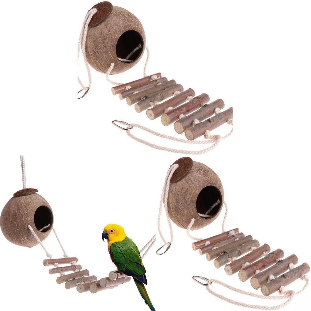 Casa de Passarinho de Casca de Coco para Papagaio com Escada de Nuvem Brinquedo de Madeira para Pássaros para Decoração de Gaiola
