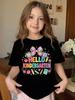 School Kids Hello Kindergarten Bow Apple Stationery Print Graphic Tee, Casual Soft Short Sleeve T-Shirt for Back To School, First Day of Kindergarten