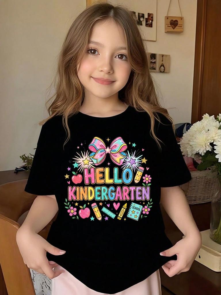 School Kids Hello Kindergarten Bow Apple Stationery Print Graphic Tee, Casual Soft Short Sleeve T-Shirt for Back To School, First Day of Kindergarten