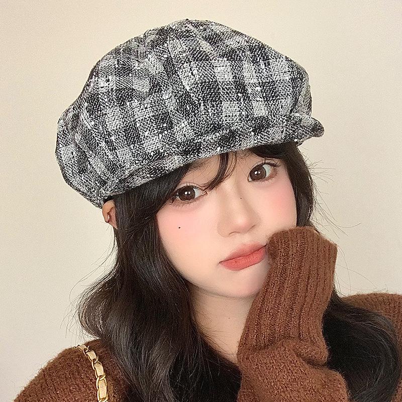Autumn Japanese Retro Versatile Houndstooth Beret Sweet and Fashionable High End Octagonal Hat Big Head Circumference Showing Small Face