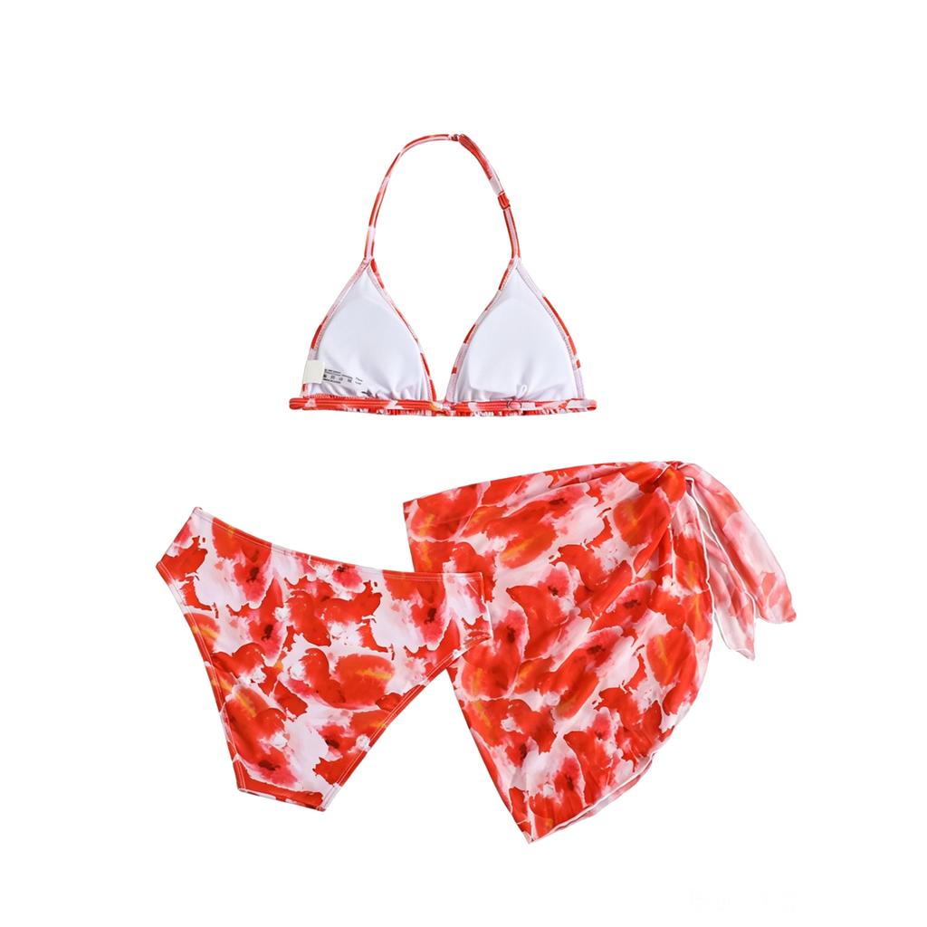 Girls Three Piece Floral Print Bikini Set with Top High Waist Bottom and Matching Skirt for Beach and Pool Wear
