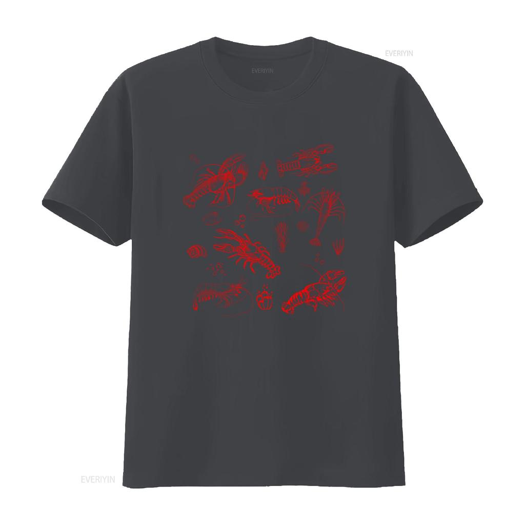 Casual Streetwear Line Art Red Seafood Lobster Shrimp Print T Shirt Vintage Washed Unisex Soft Fashion Stretched