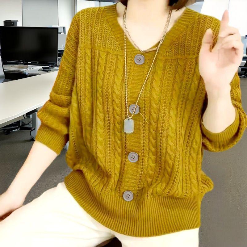 S-6XL Большой размер V-образный вырез Пуговица Нить Свободный Западный стиль Свитер Женский Свитер Однотонный 6XL жёлтый 1570₽