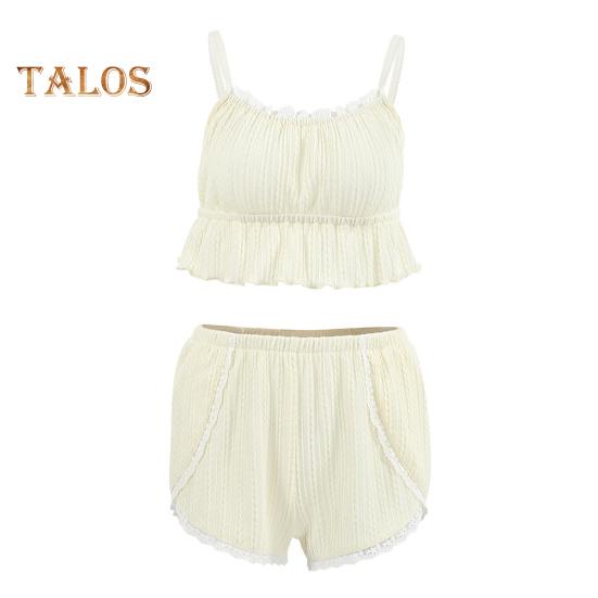 

2 шт./компл., женский летний пижамный комплект, без рукавов, на тонких бретельках, кружевной плиссированный жилет, шорты с эластичной резинкой на талии, комплект одежды для сна на каждый день S абрикосовый